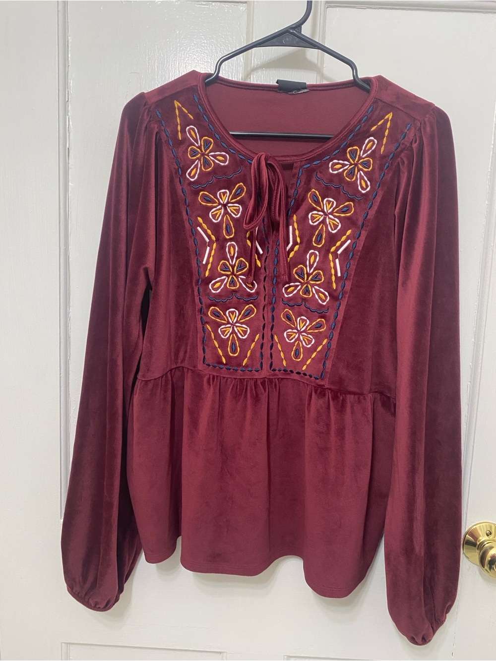 Embroidered Peasant Blouse - Burgundy - Picture 2 of 7